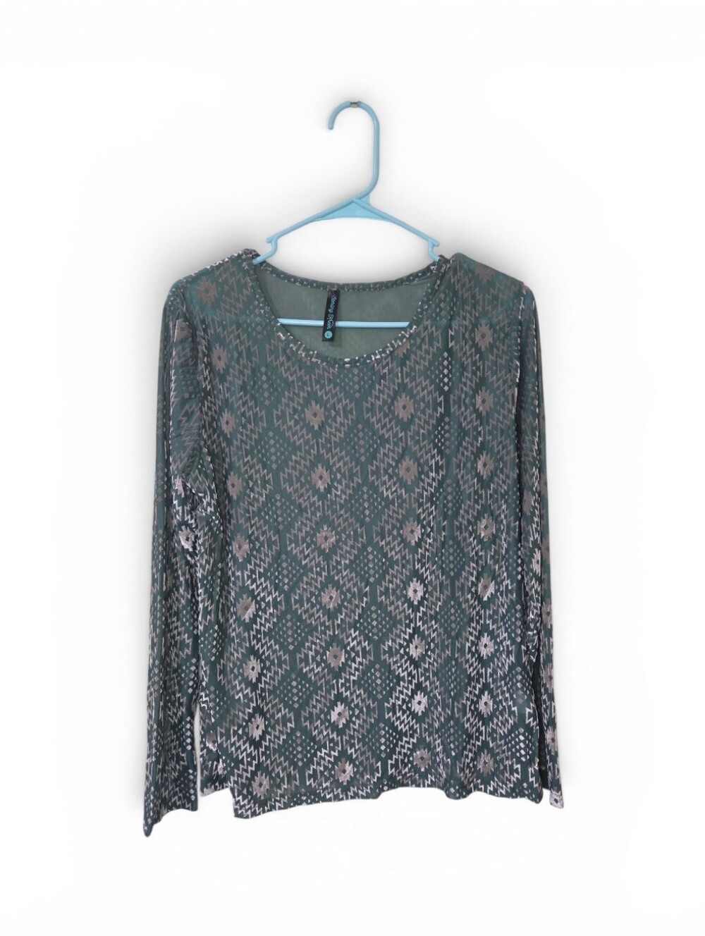 NWOT Women's Semi-Sheer Aztec Pattern Long Sleeve Top - Green